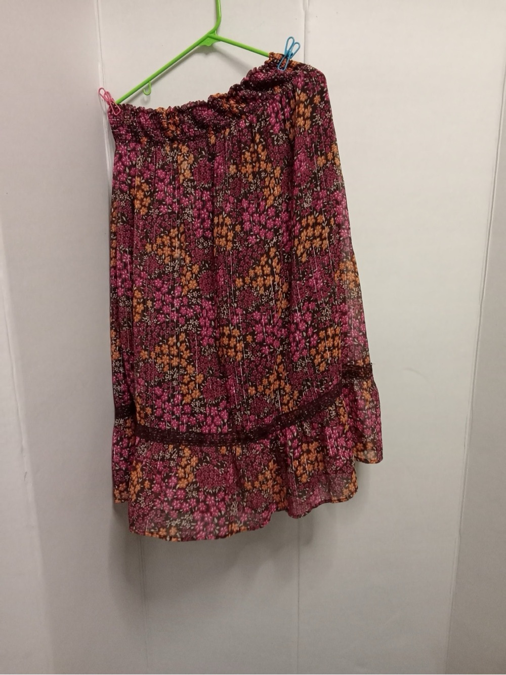 Justice Women’s Size 16 Floral Tiered Skirt Burgundy Pink Rust Elastic Band S1